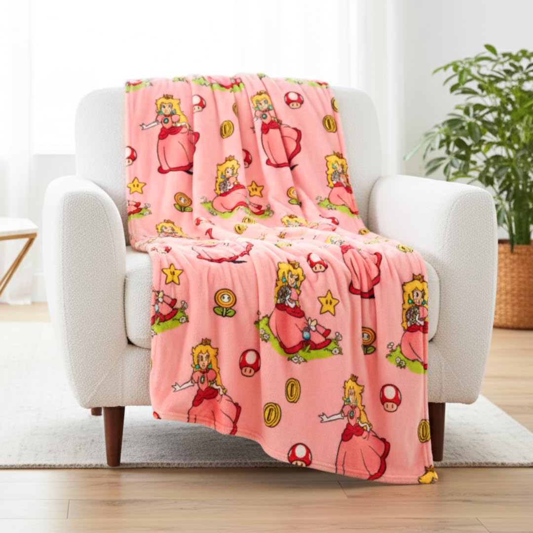 Franco Princess Peach throw front view showing charming Super Mario artwork and cozy look