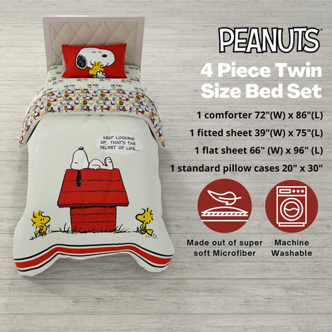 Franco sheet and pillowcase flat lay showing coordinated Peanuts design and fit