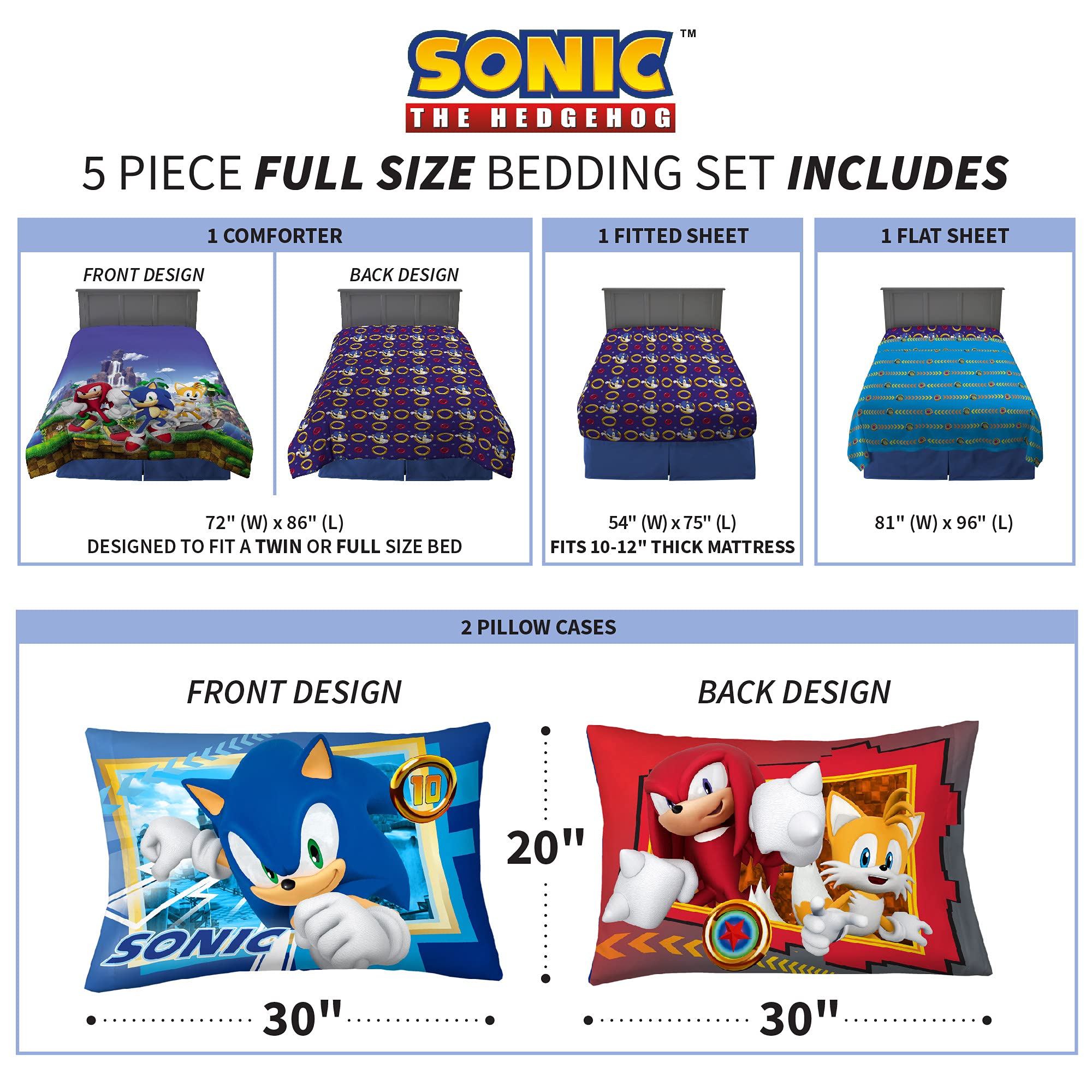 Franco fitted sheet and pillowcases with coordinated Sonic graphics for cohesive look