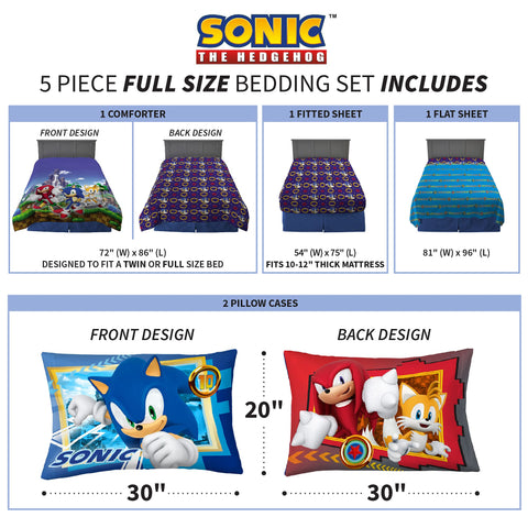 Franco fitted sheet and pillowcases with coordinated Sonic graphics for cohesive look