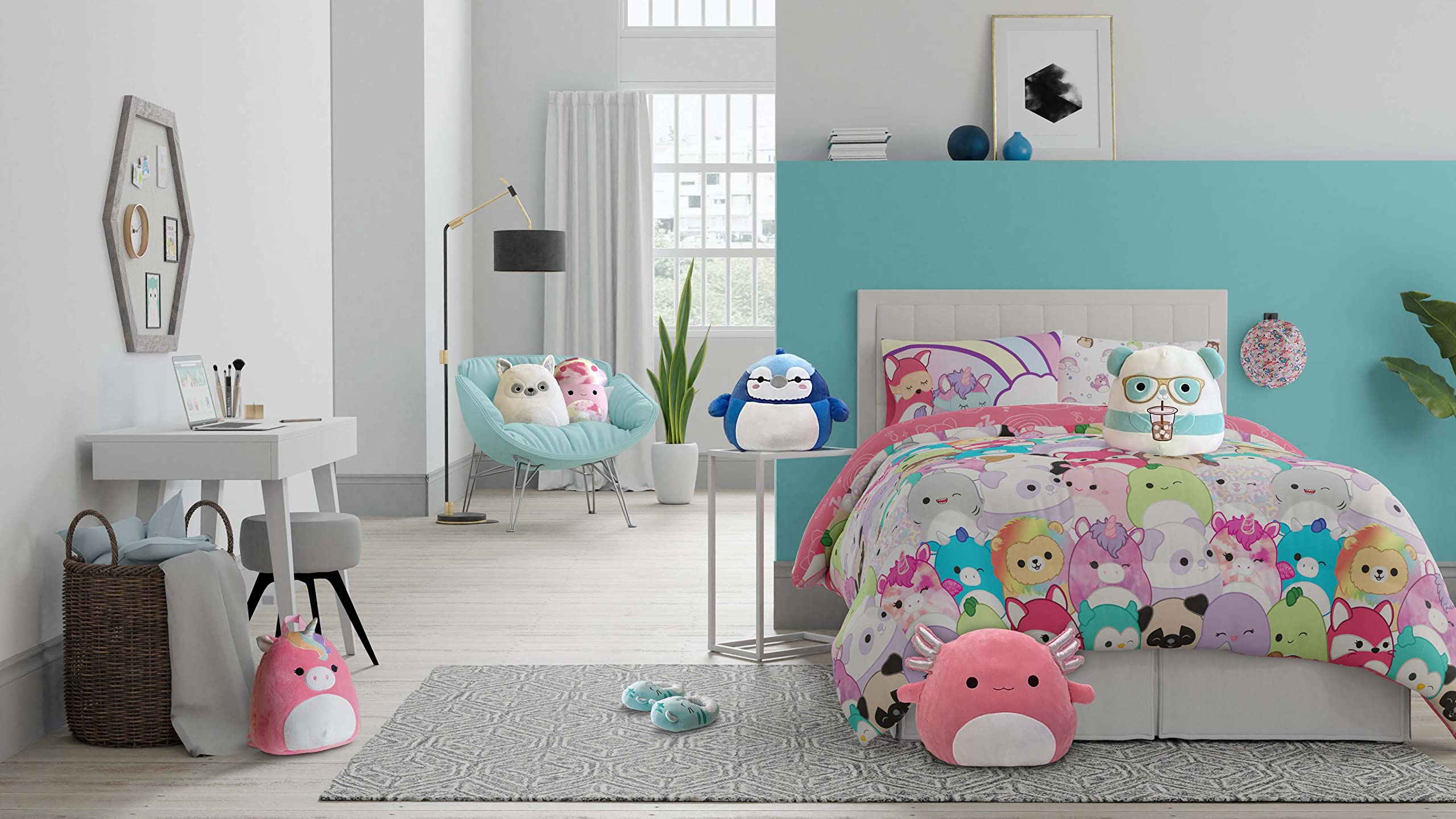 Franco Squishmallows styled twin bedroom scene demonstrating playful decor and cozy bedding
