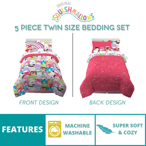 Franco Squishmallows flat sheet and sham laid out to show coordinated pattern and neat fit