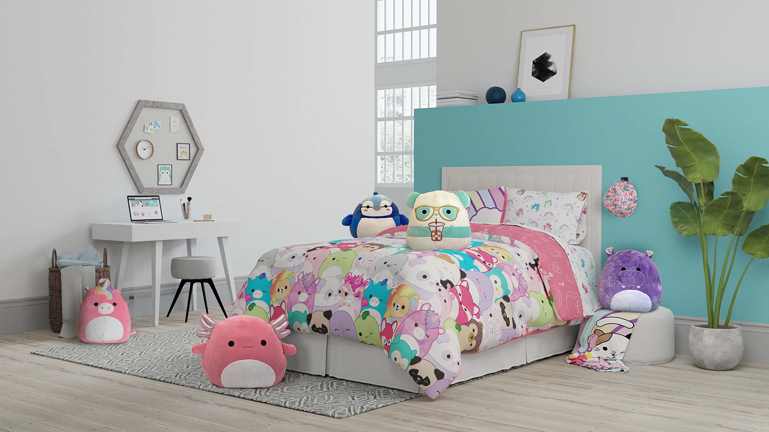 Franco Squishmallows on a twin mattress showing scale and proper fit for standard beds
