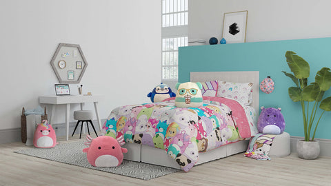 Franco Squishmallows on a twin mattress showing scale and proper fit for standard beds