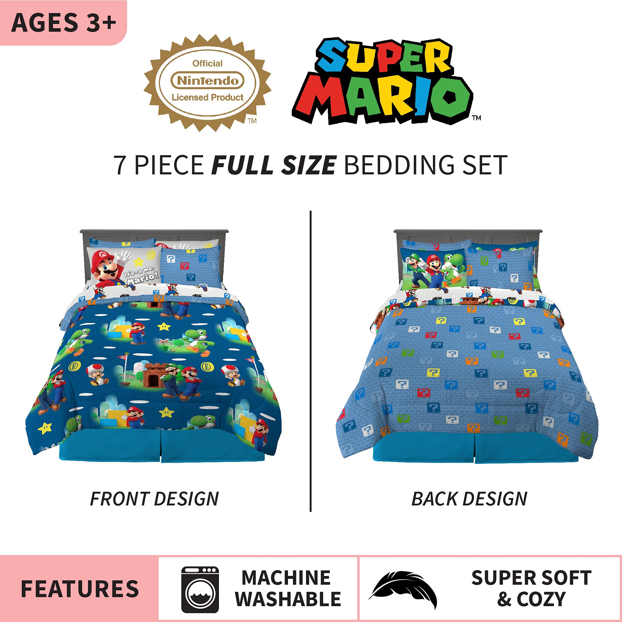 Franco Super Mario sheets and pillowcases detail with matching character accents