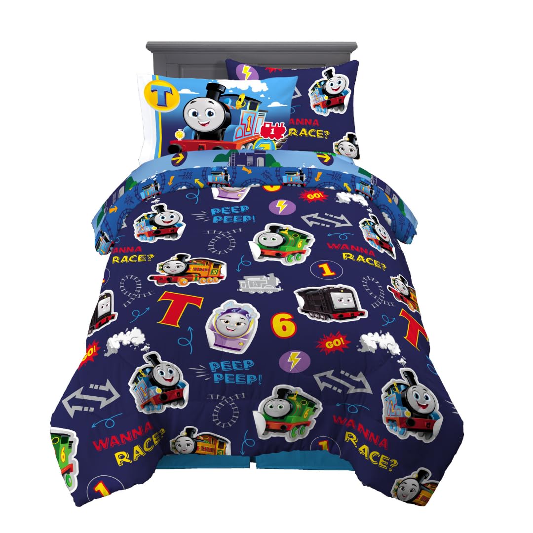 Franco Thomas & Friends front view showing full bedding set and colorful engine prints for playful décor