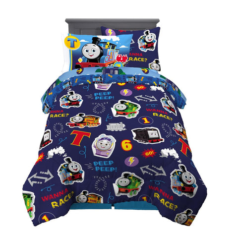 Franco Thomas & Friends front view showing full bedding set and colorful engine prints for playful décor