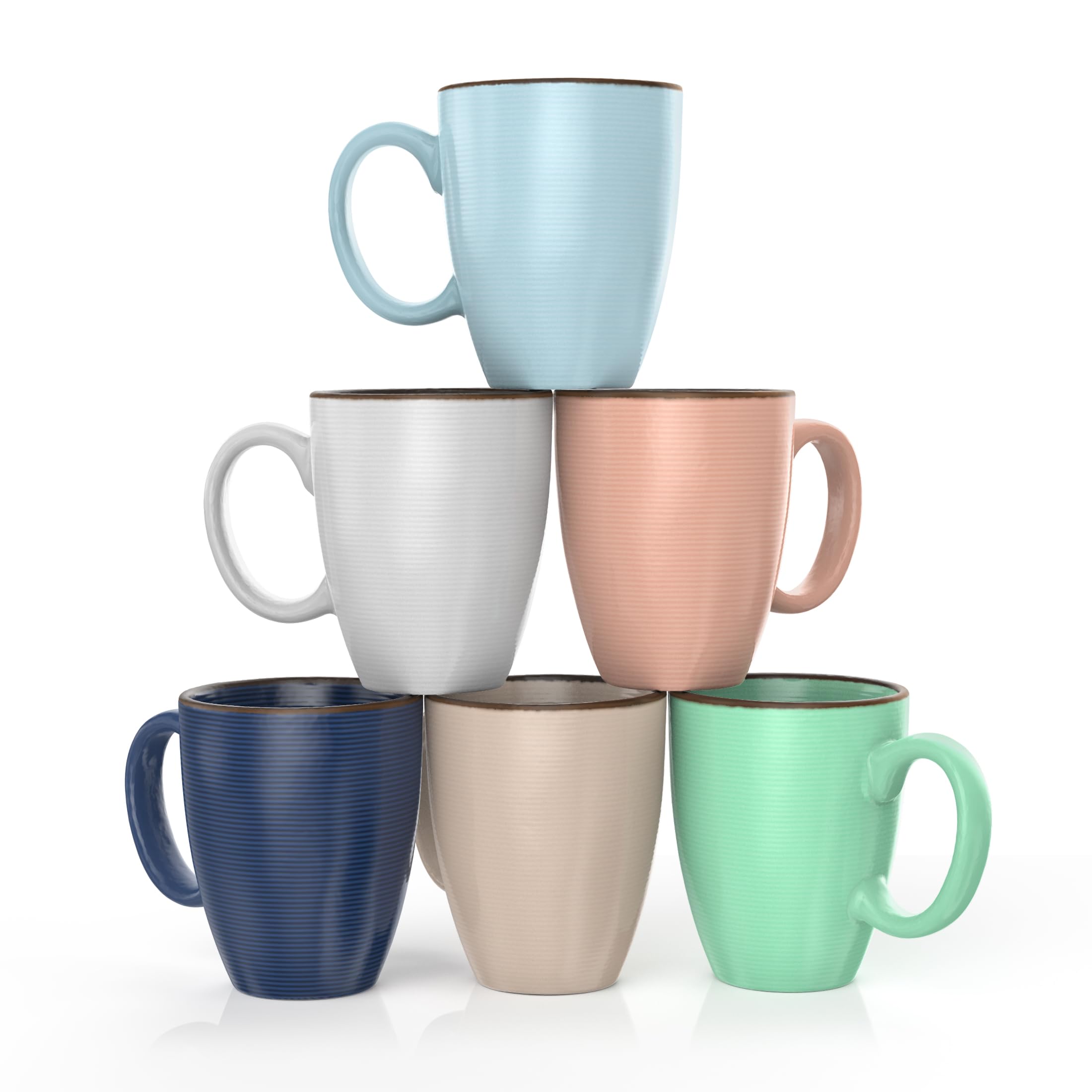 Francois et Mimi front view of six-color mug set showing design and variety