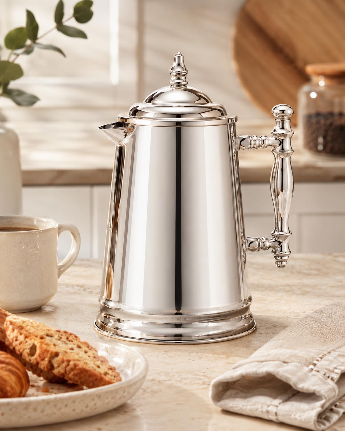 Francois et Mimi French press pouring coffee into mug for easy serving