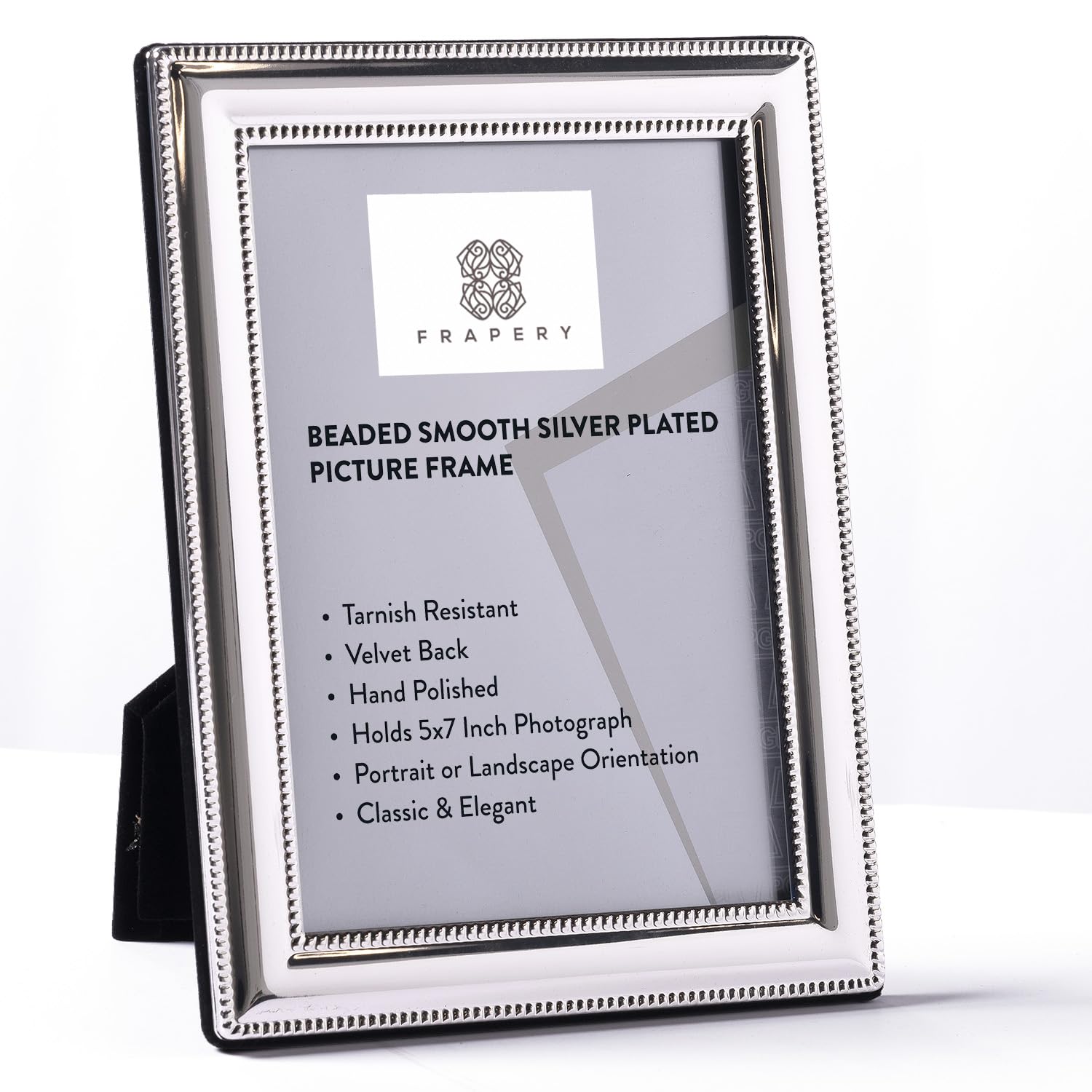 Frapery silver-plated front view showcasing beaded edge, elegant display benefit