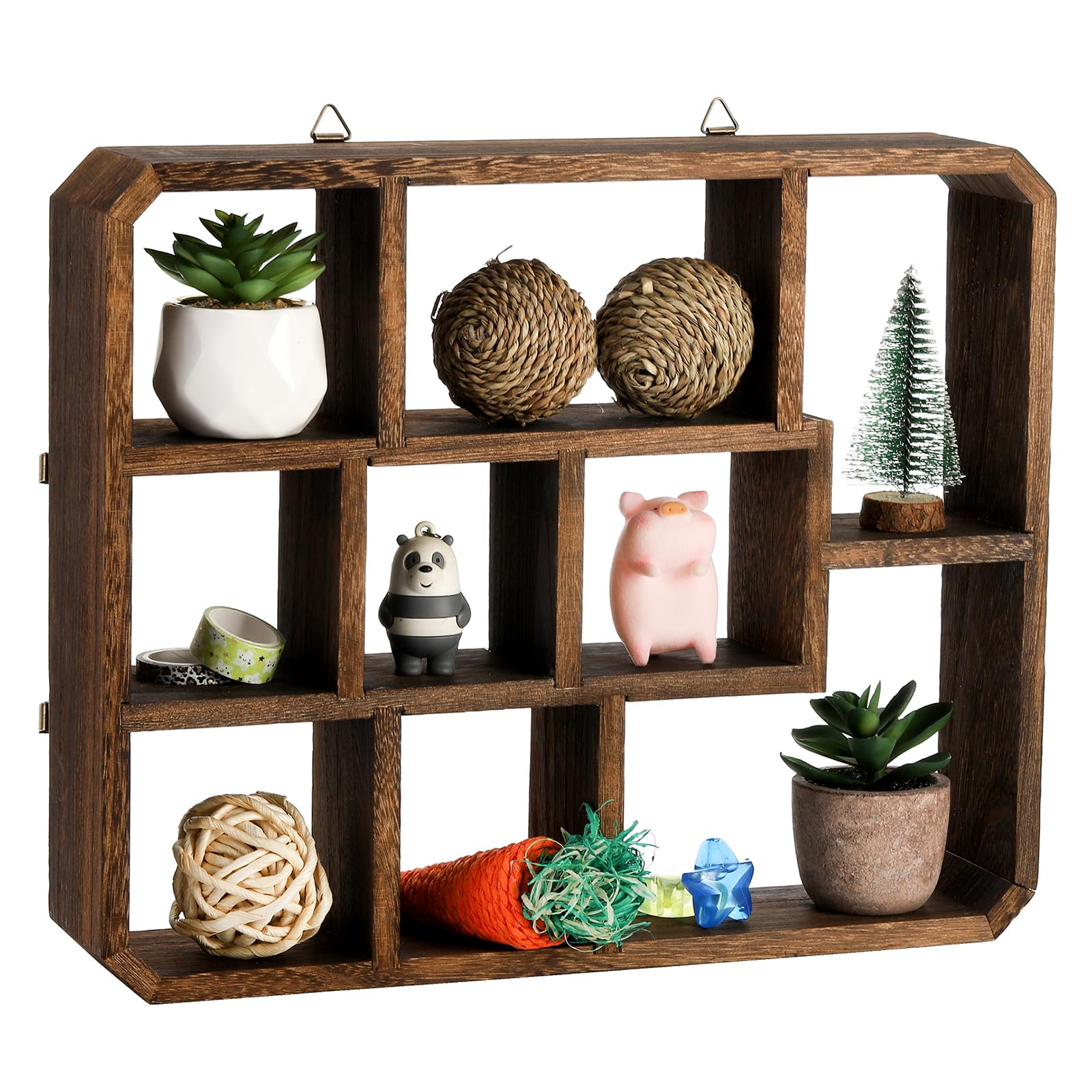 Frcctre front view hanging shelf showing nine compartments and rustic appeal