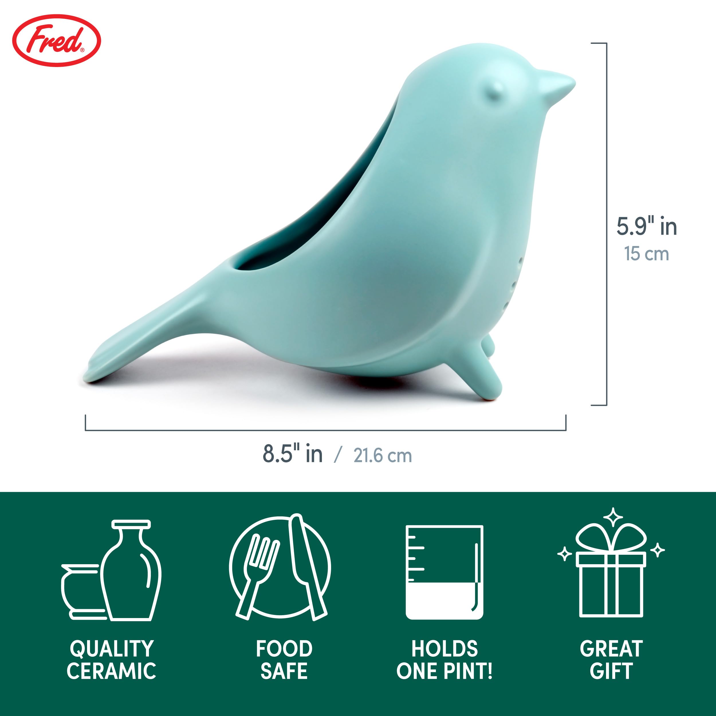 Fred & Friends Blue Bird side profile tilted to drain produce efficiently
