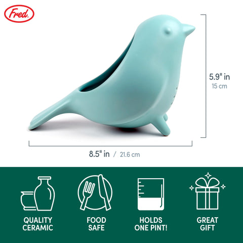 Fred & Friends Blue Bird side profile tilted to drain produce efficiently