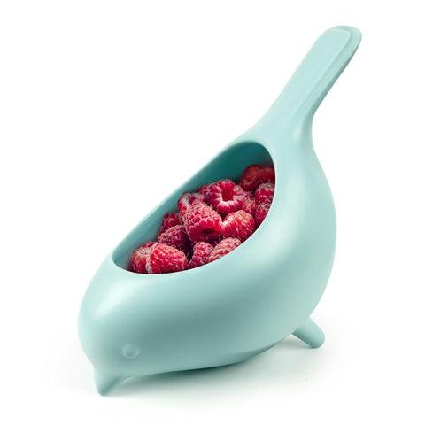 Fred & Friends Blue Bird filled with strawberries to show one-pint capacity