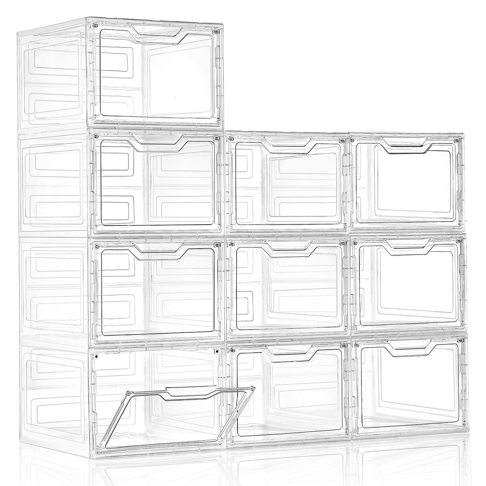 Freebat front view of the 10-pack clear bins showing neat storage and visibility