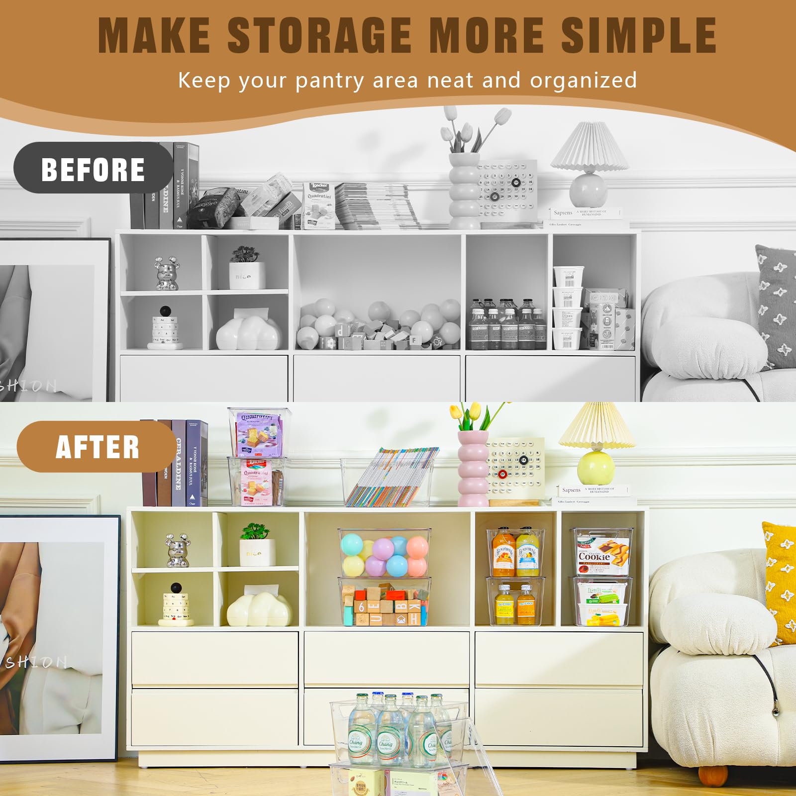 Freebat stacked bins in pantry maximizing vertical shelf space and organization