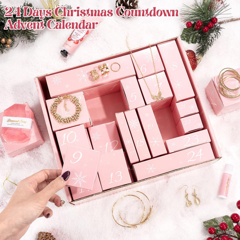 Frerdui open layout revealing 24 numbered compartments and mixed gifts inside
