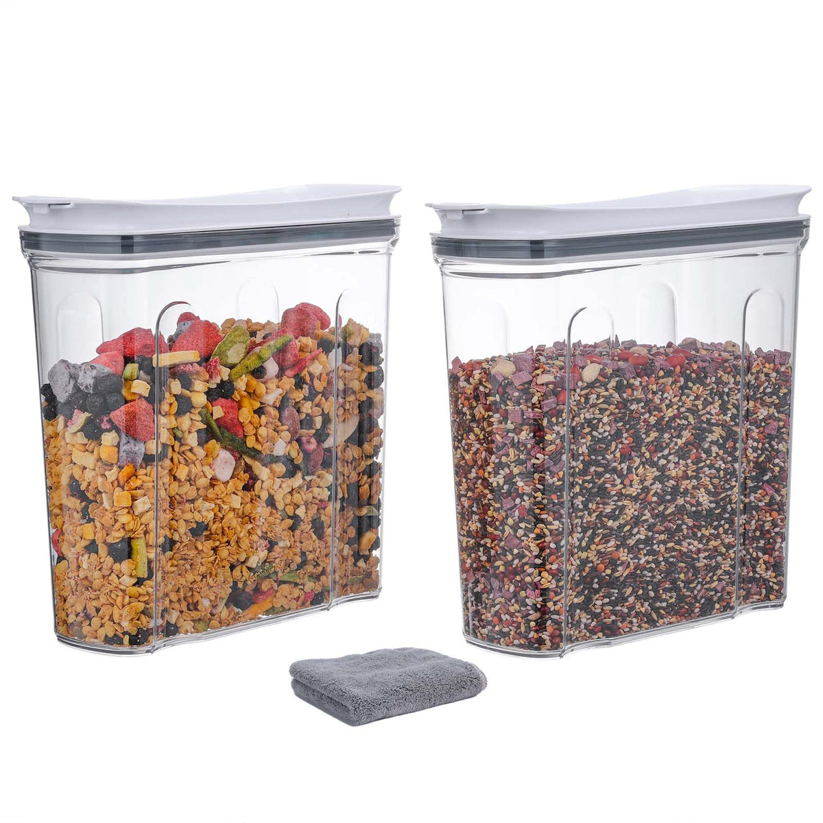 FreshKeeper front packaging showing two clear canisters and included cloth for easy organization