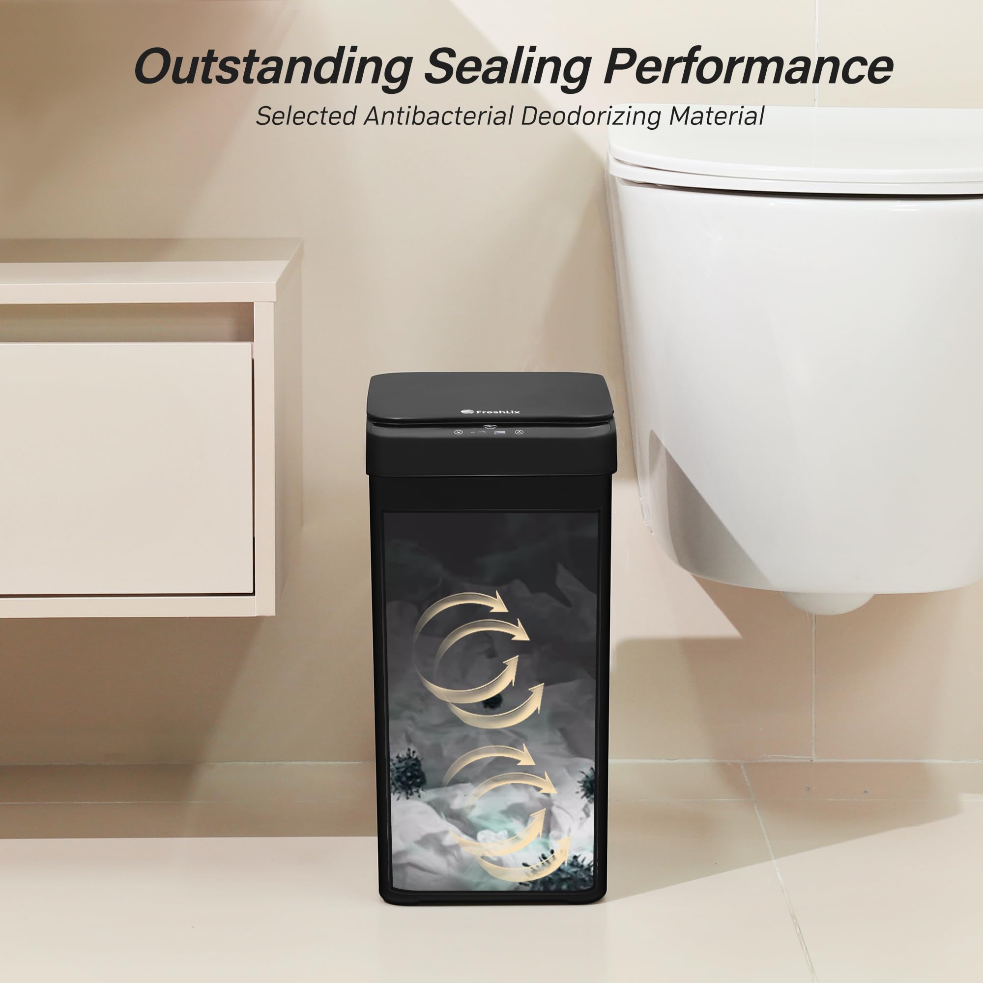 FRESHLIX size comparison beside toilet showing space-saving design benefit
