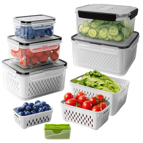Freshmage front packaging showing 5-piece fruit container set and organization benefit
