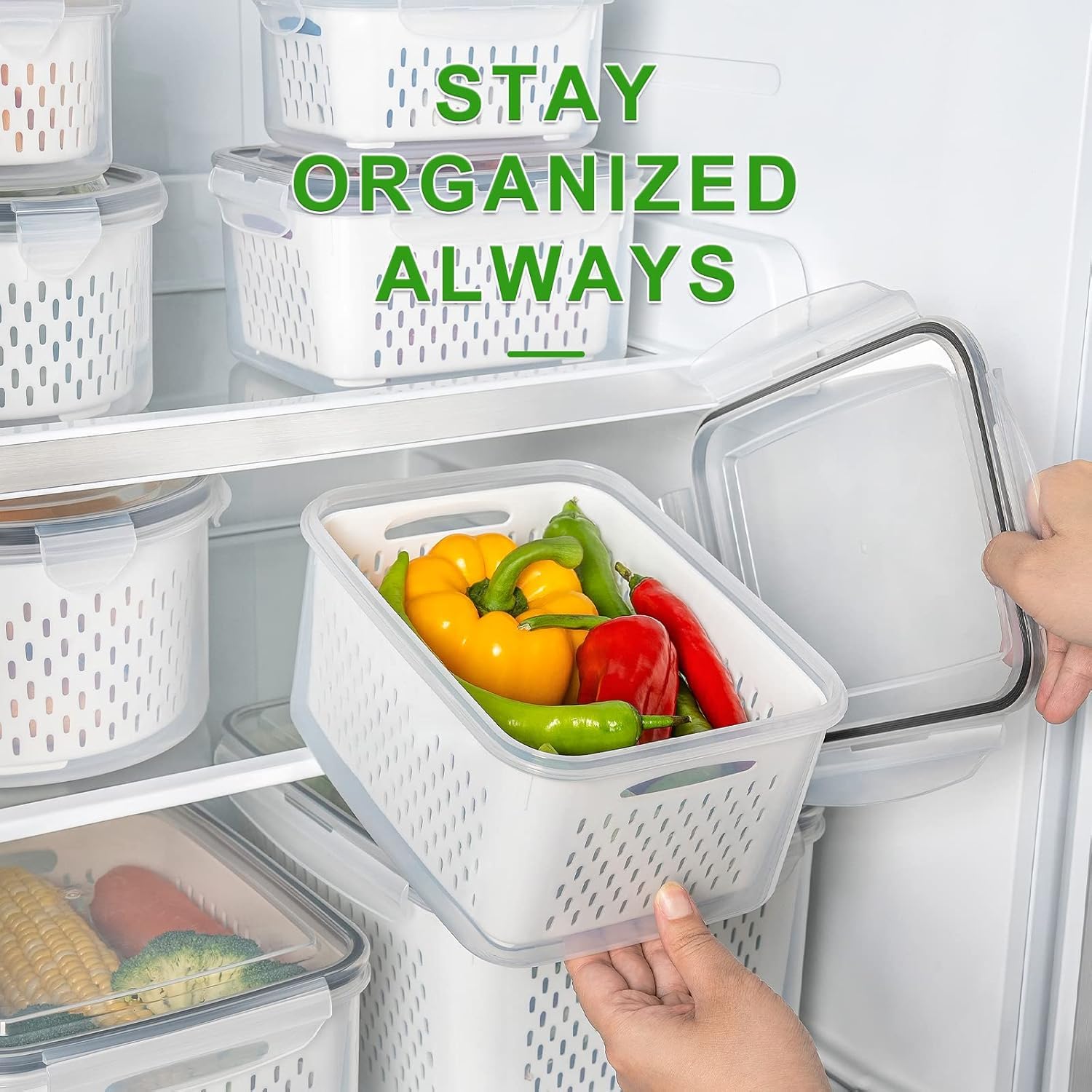 Freshmage stacked containers on fridge shelf demonstrating space-saving organization