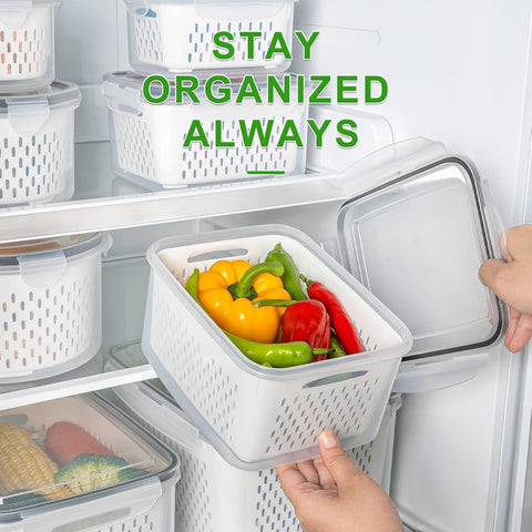 Freshmage stacked containers on fridge shelf demonstrating space-saving organization