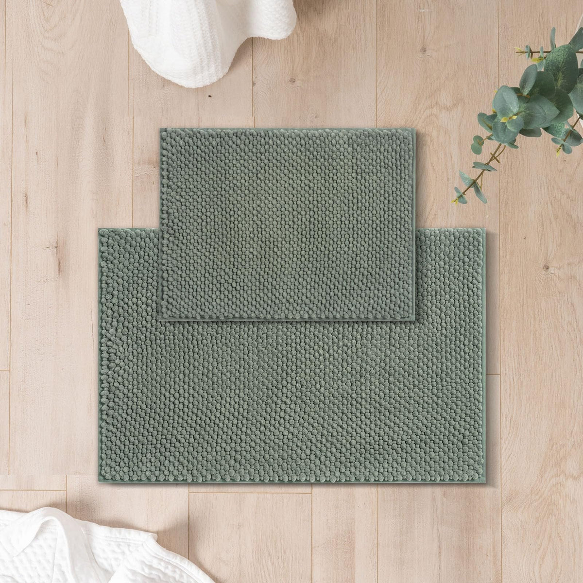 FRESHMINT front view of sage chenille bath rug set showing color and shape, inviting comfort