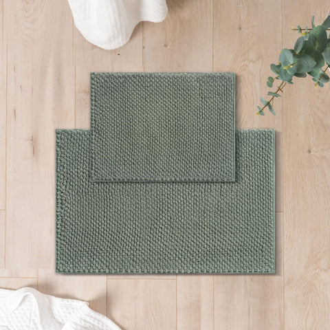 FRESHMINT front view of sage chenille bath rug set showing color and shape, inviting comfort