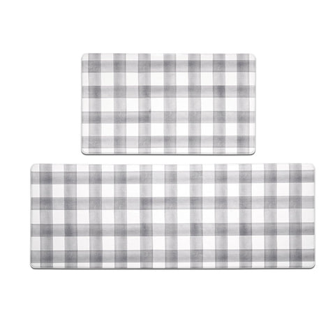 FRESHMINT front view of two-piece kitchen mat set showing plaid and style benefit
