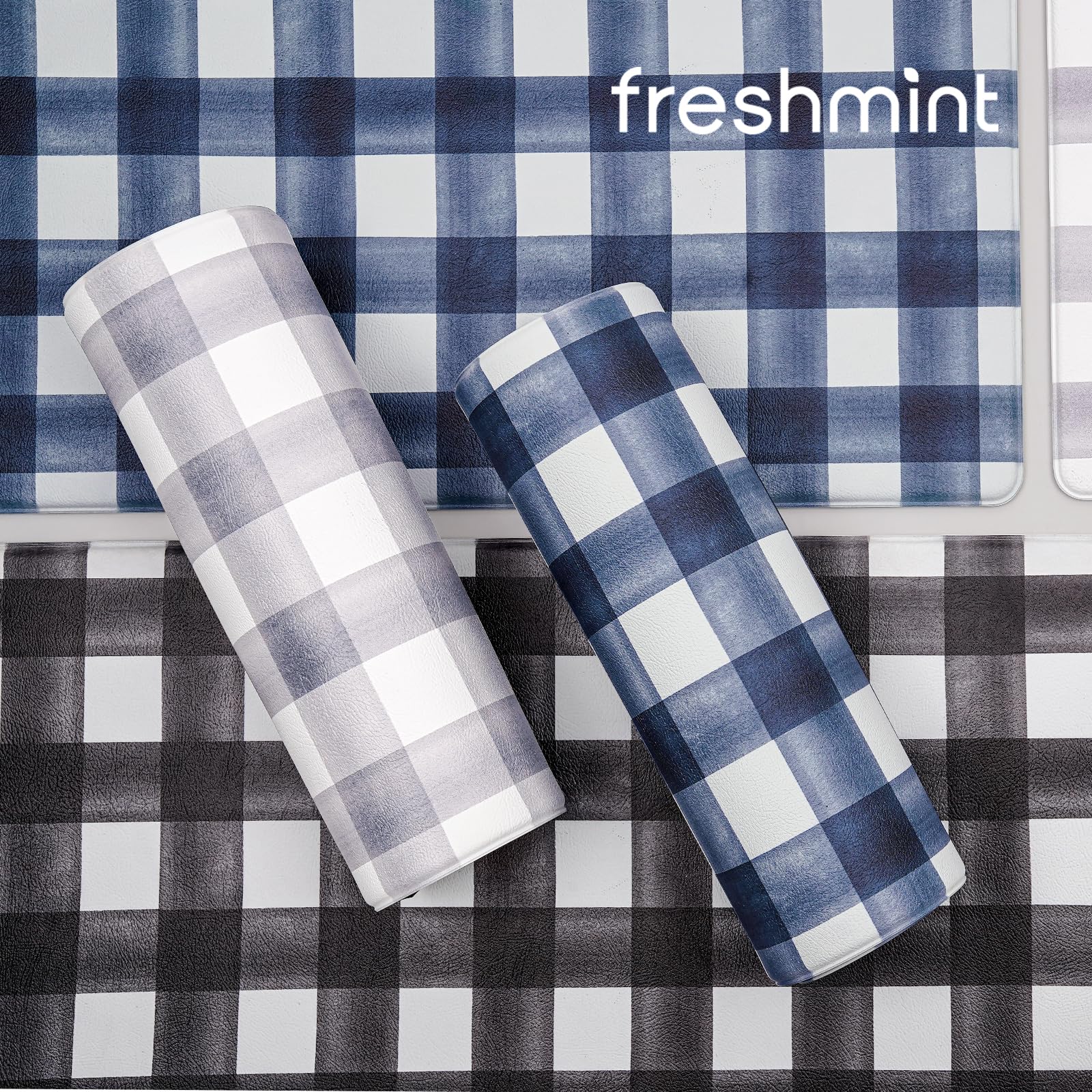 FRESHMINT kitchen lifestyle scene showing plaid mats enhancing decor benefit
