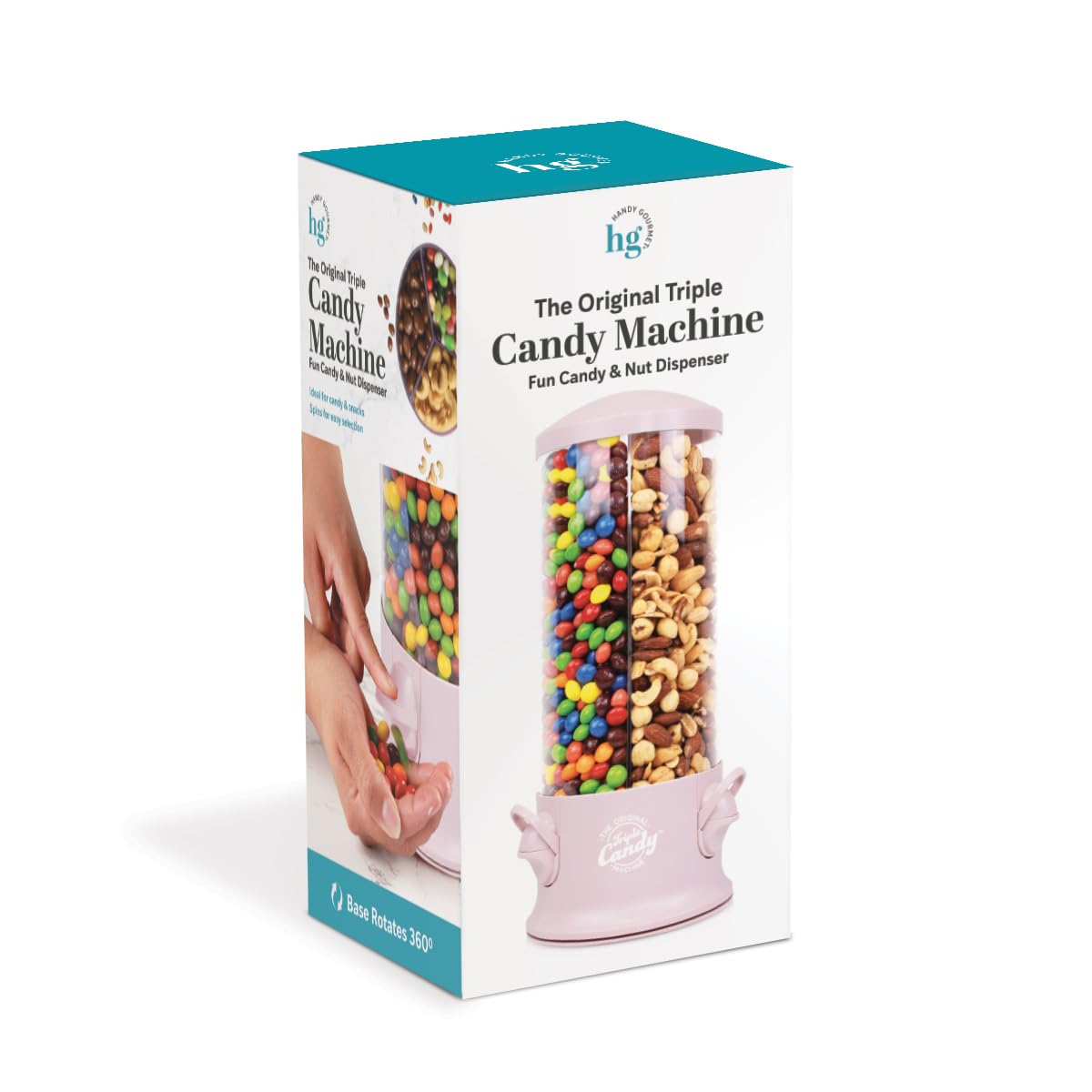 Freshnewlooks front view of pink triple candy machine shows organized snacks