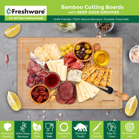 Freshware bamboo deep juice groove closeup catching liquids, keeps counters clean