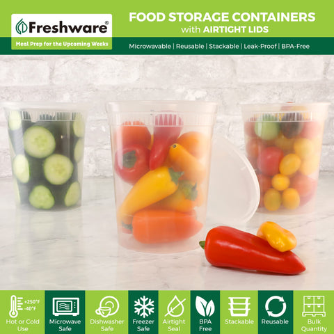 Freshware top view of closed 32 oz container with lid demonstrating secure seal