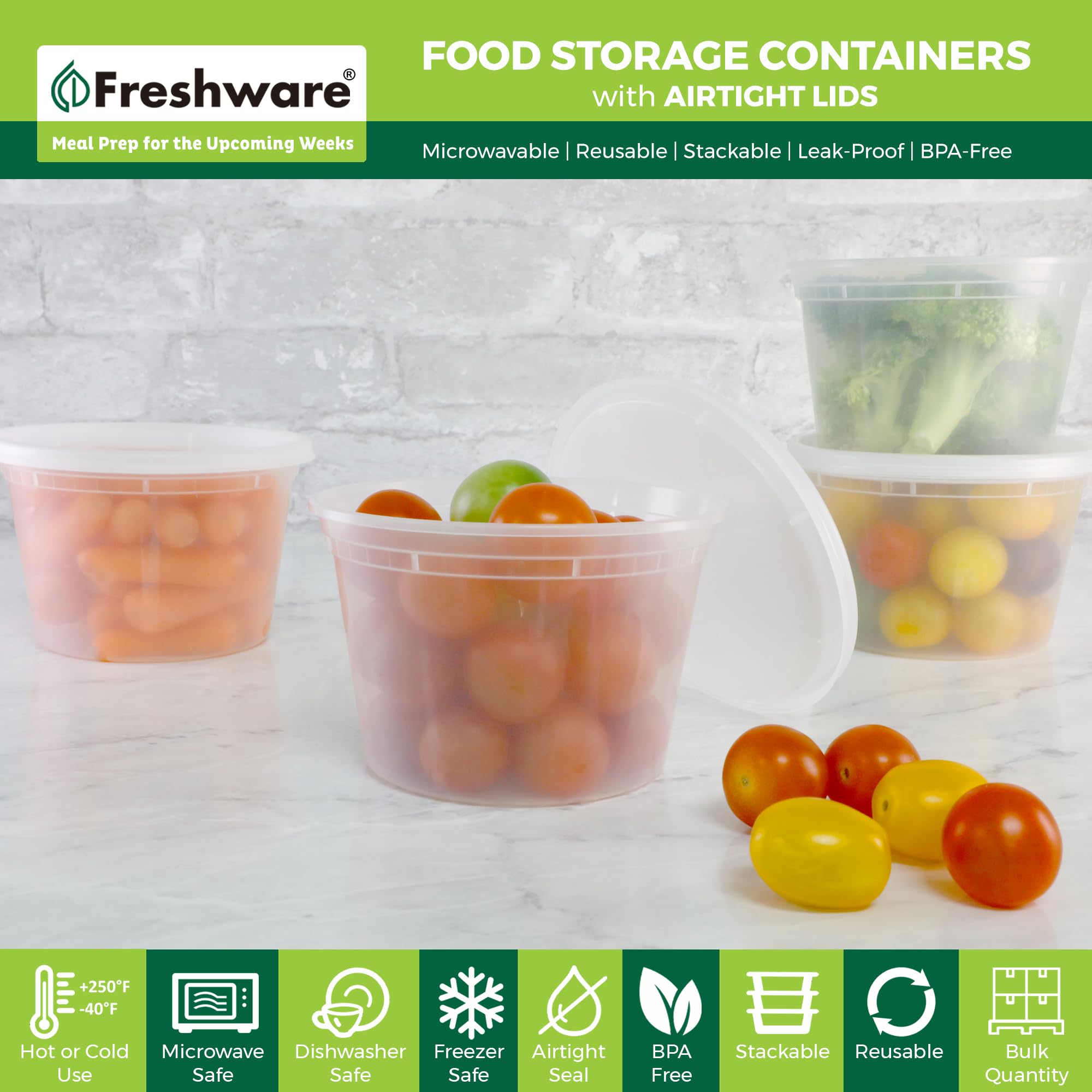 Freshware closed 16 oz container with lid illustrating leak protection