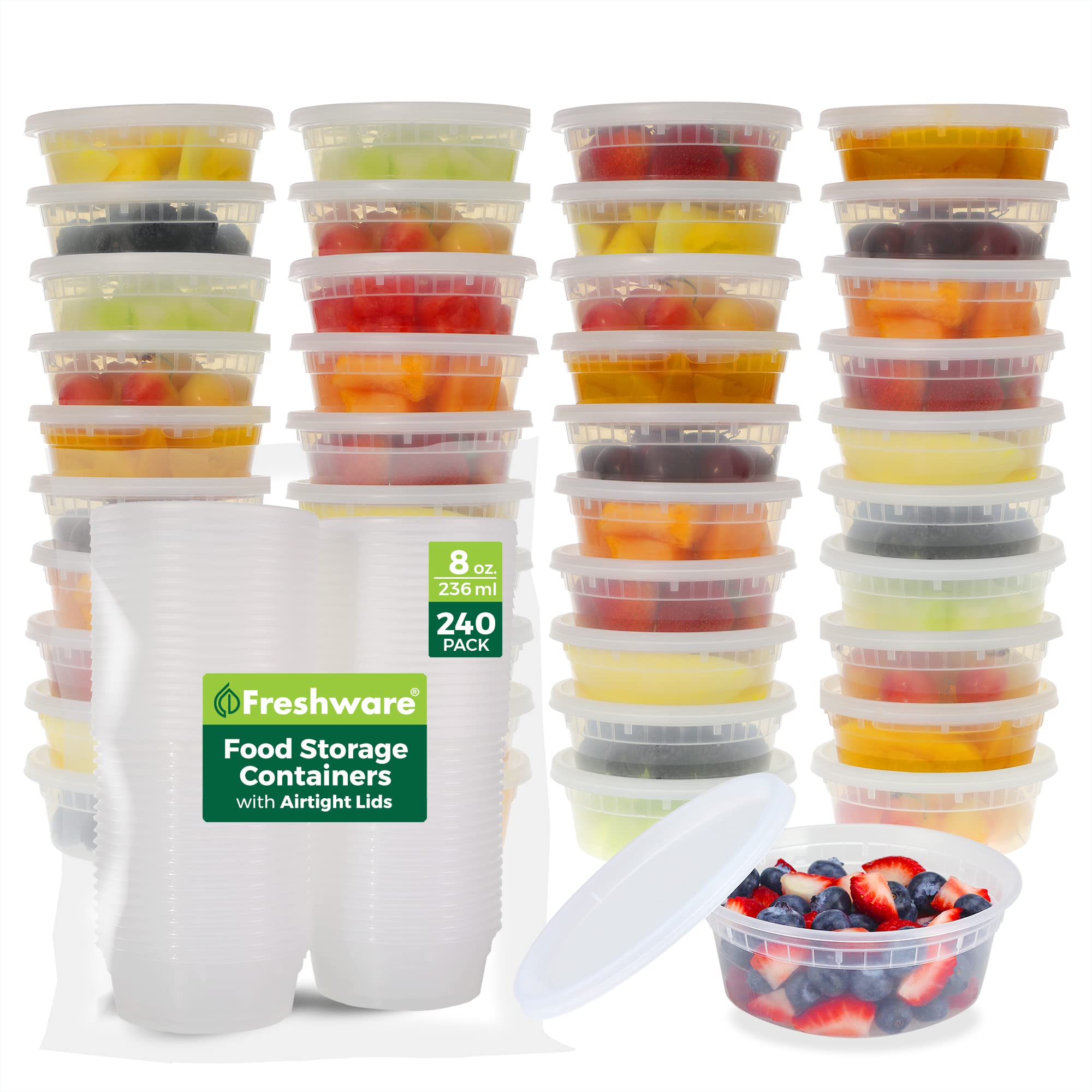 Freshware front packaging showing 240-piece 8 oz container set and lids for bulk storage convenience