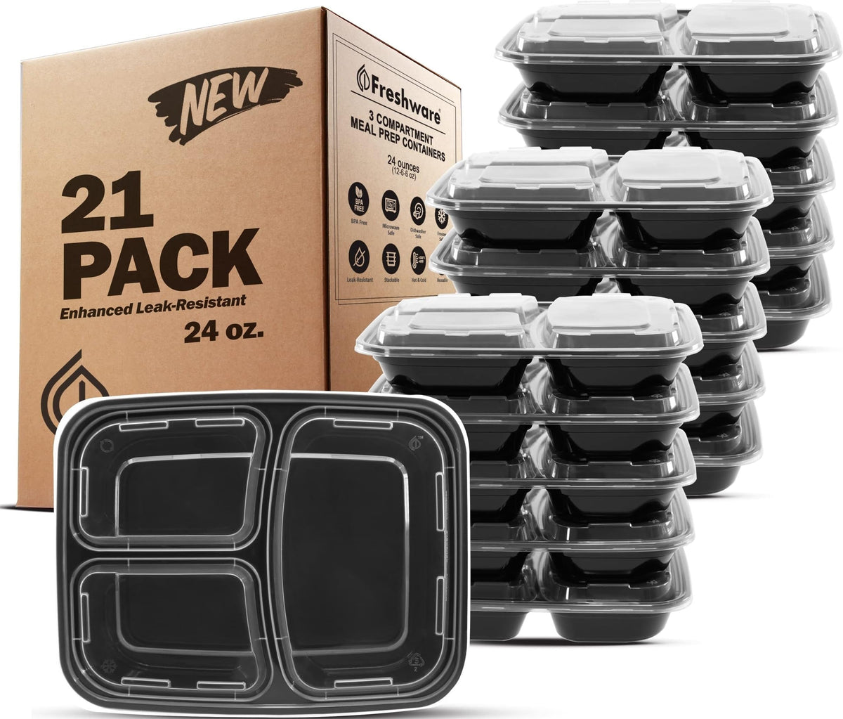 Freshware front view of 21-pack containers showing compact packaging and convenience