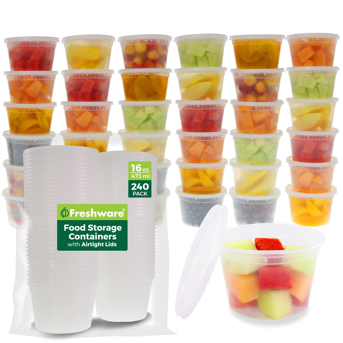Freshware front view of stacked 240-pack showing clear containers and lids for easy storage
