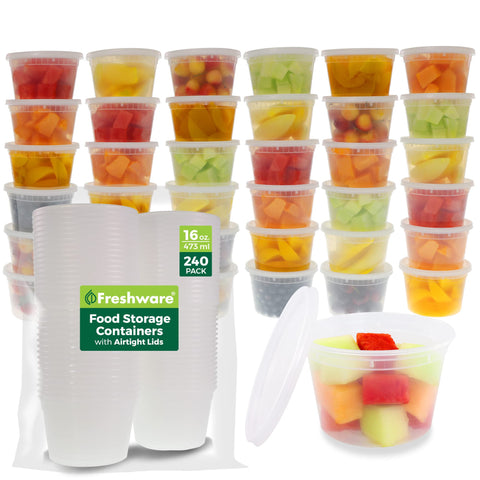 Freshware front view of stacked 240-pack showing clear containers and lids for easy storage