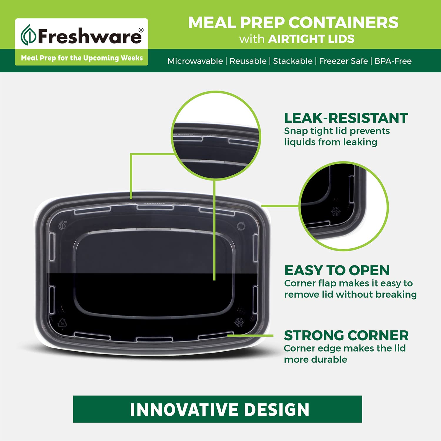 Freshware container filled with balanced meal for convenient reheating