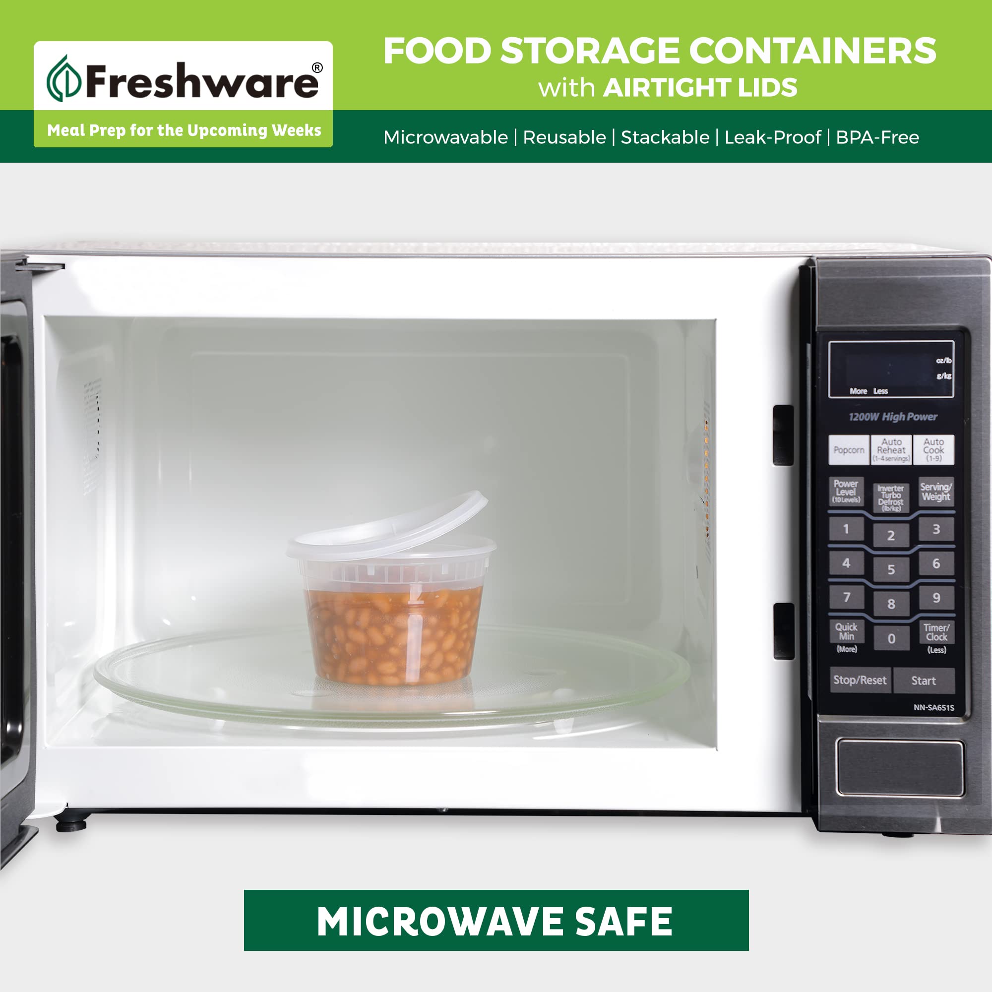 Freshware container in microwave with lid slightly lifted for safe reheating