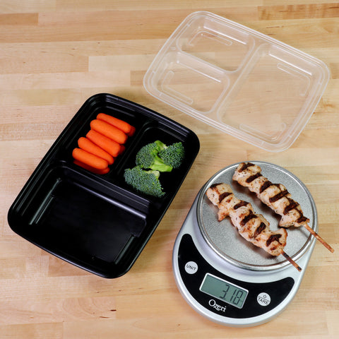 Freshware open container top view showing three compartments for neat portions