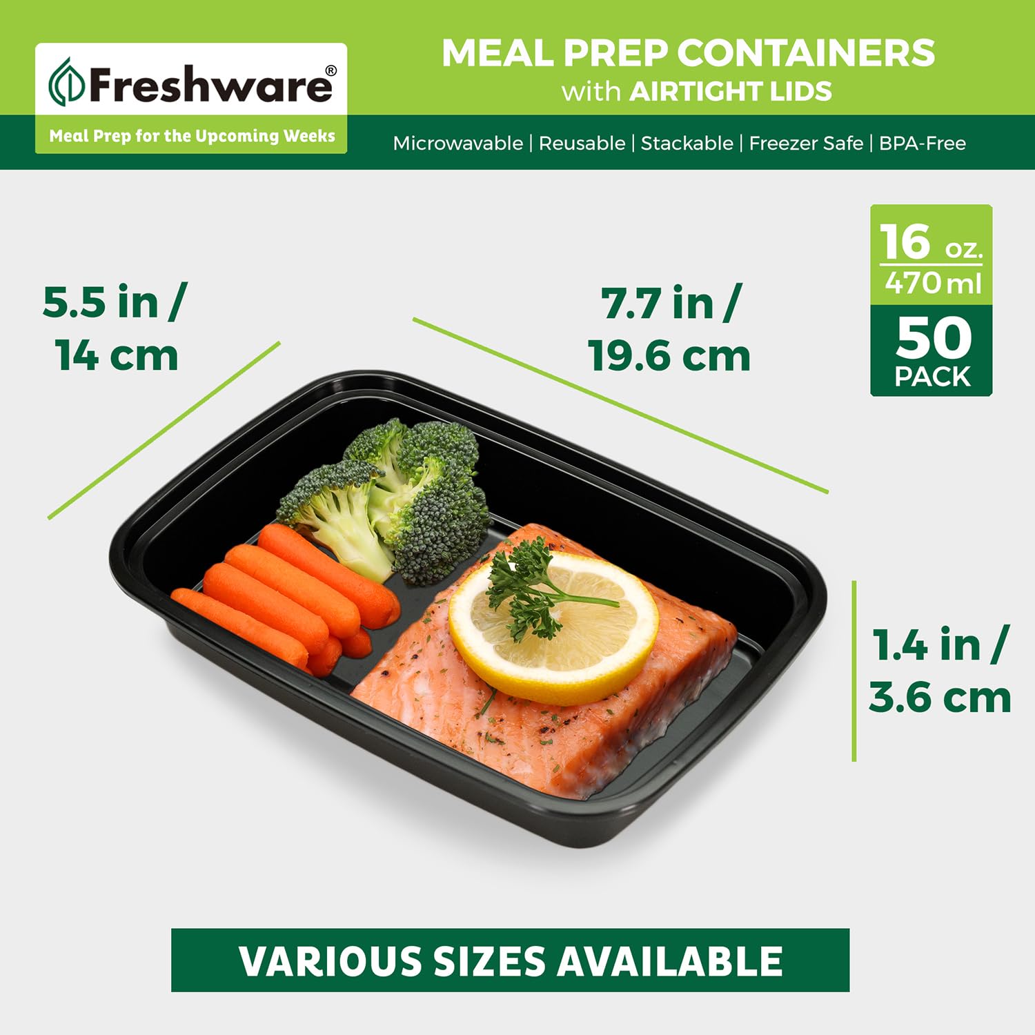 Freshware single container beside a ruler showing 16oz portion control
