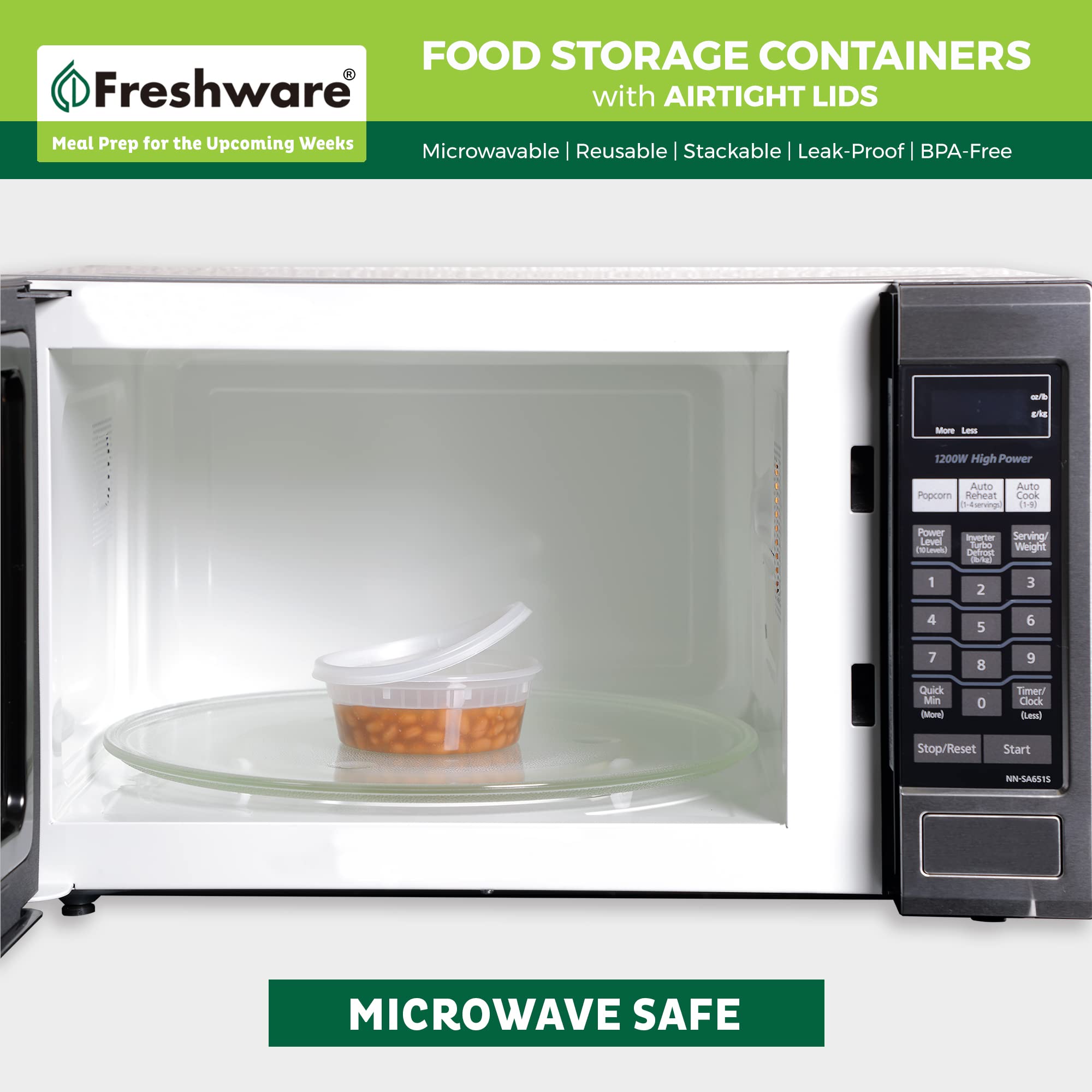 Freshware held in hand beside a measuring cup for visual 8 oz size comparison and portion control