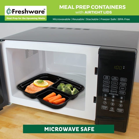 Freshware container beside an apple and fork to show real-life size