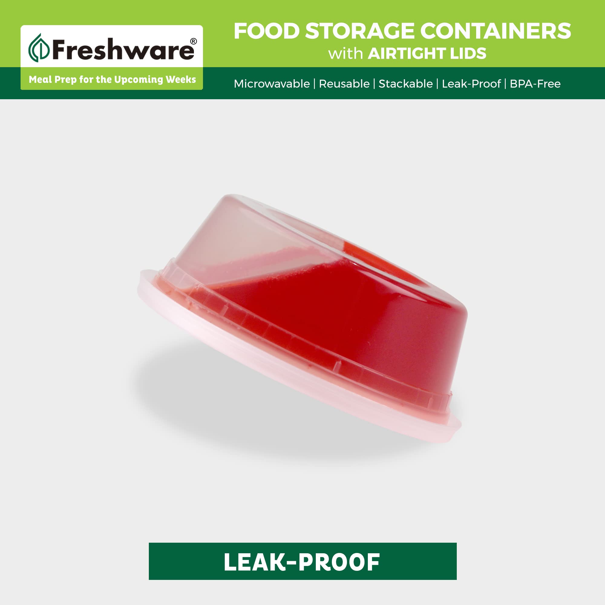Freshware 8 oz container holding soup to show safe reheating and portion clarity