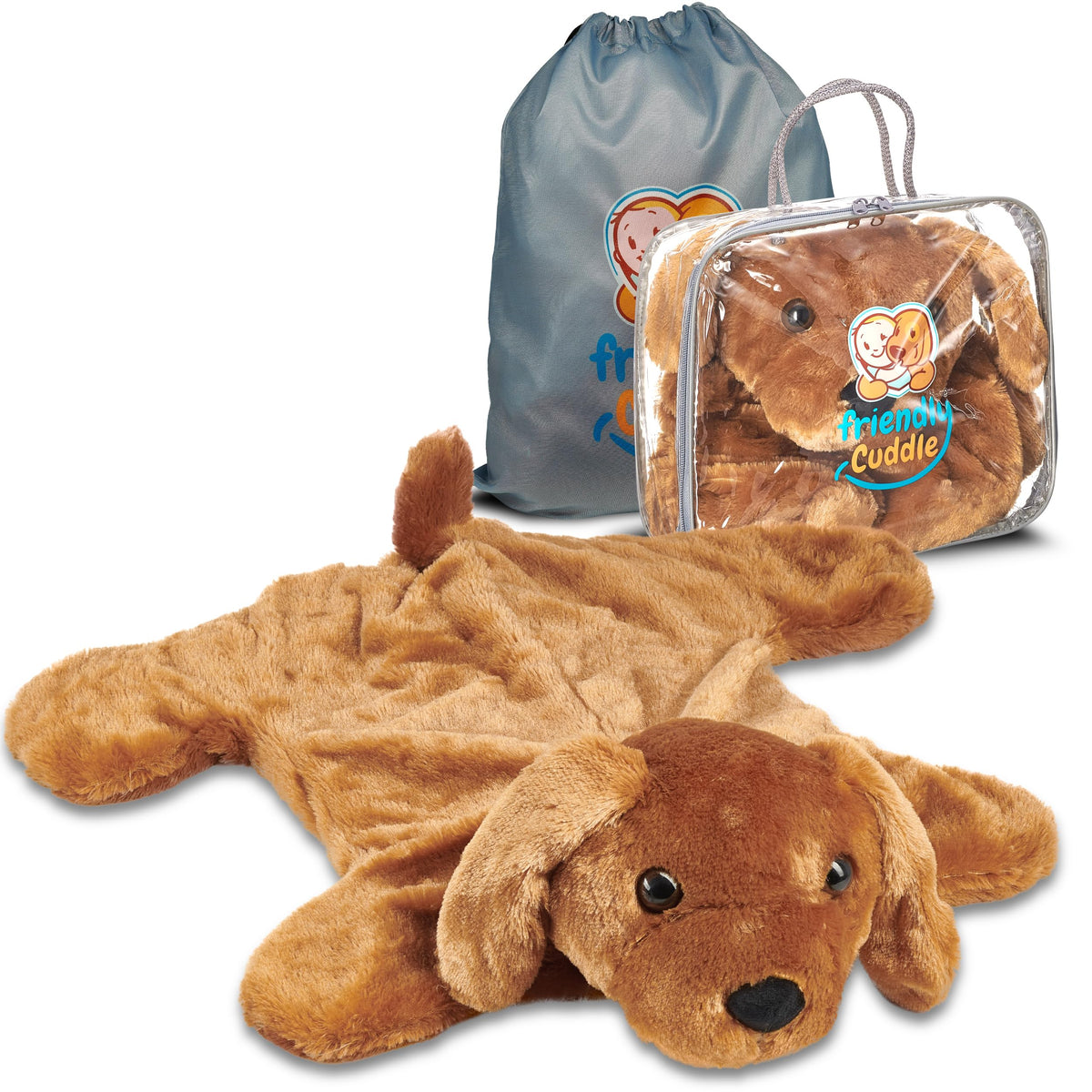 FRIENDLY CUDDLE front view showing plush lap pad and travel bags for portable comfort
