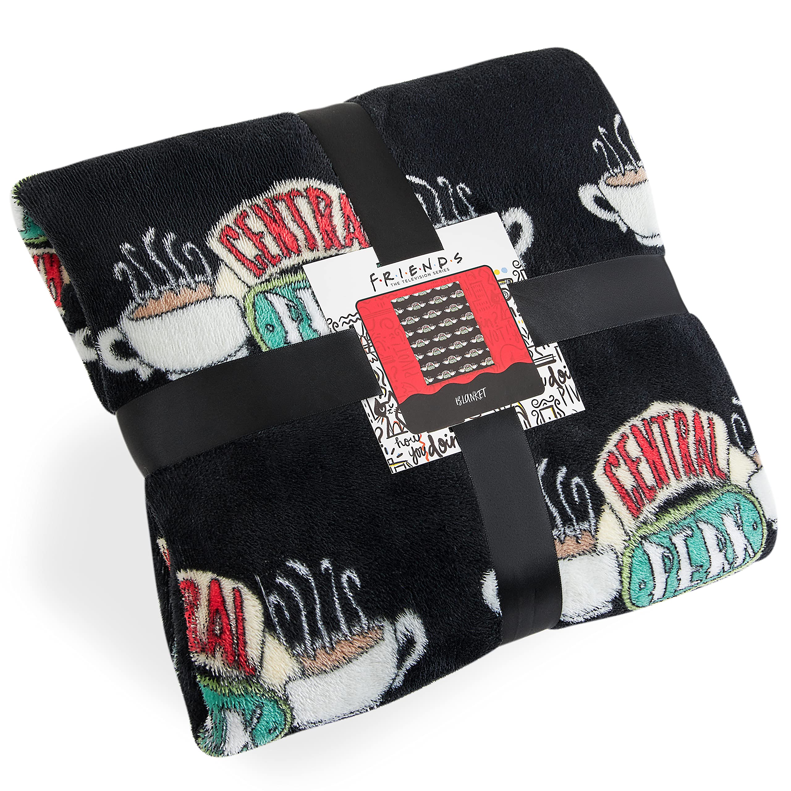 FRIENDS blanket front view showing Central Perk logo and cozy design benefit warmth