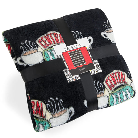 FRIENDS blanket front view showing Central Perk logo and cozy design benefit warmth