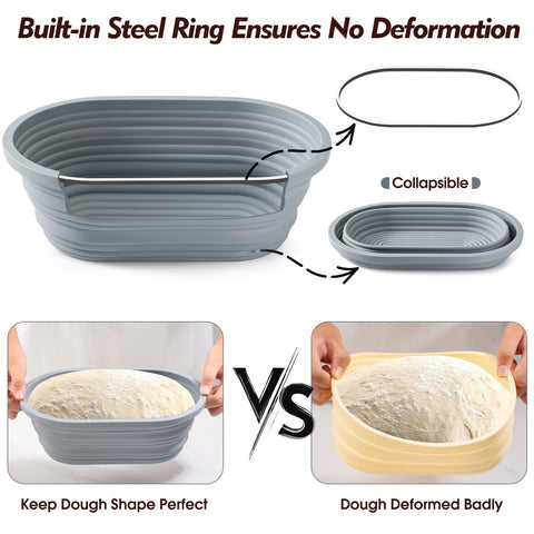 Friheten silicone bread sling lifting loaf into Dutch oven for safe transfer benefit