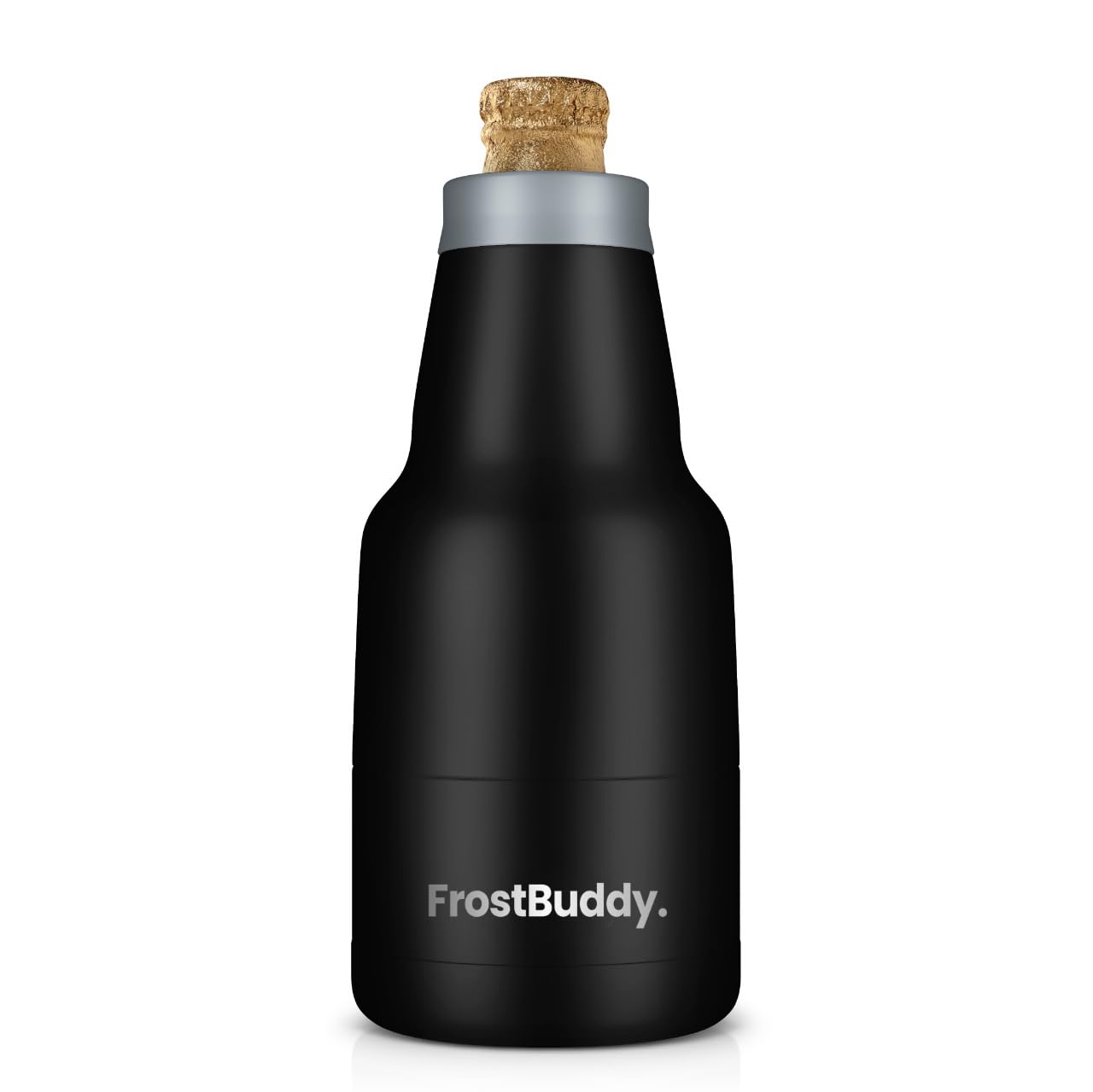 Frost Buddy front view showing black screw-on cooler and snug bottle fit benefits